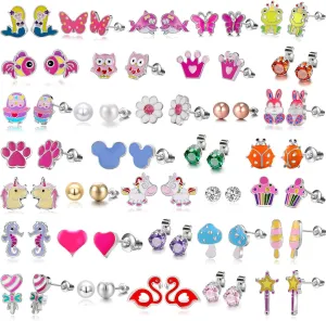 33 Pairs Stainless Steel Cartoon Earrings for Girls - Hypoallergenic Colorful Stud Earing Set, Mix & Match Cute Earring for Teens, Kids, Doll Dressup Accessories