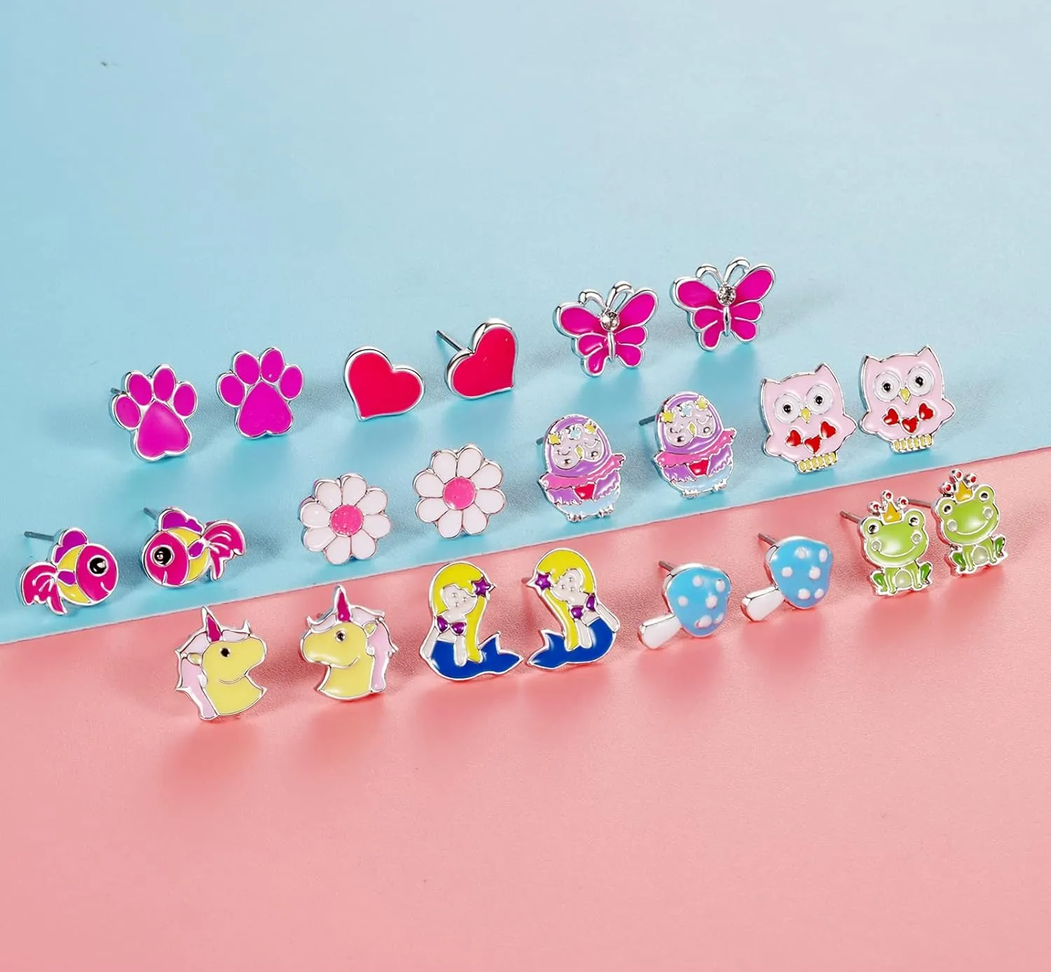 33 Pairs Stainless Steel Cartoon Earrings for Girls - Hypoallergenic Colorful Stud Earing Set, Mix & Match Cute Earring for Teens, Kids, Doll Dressup Accessories