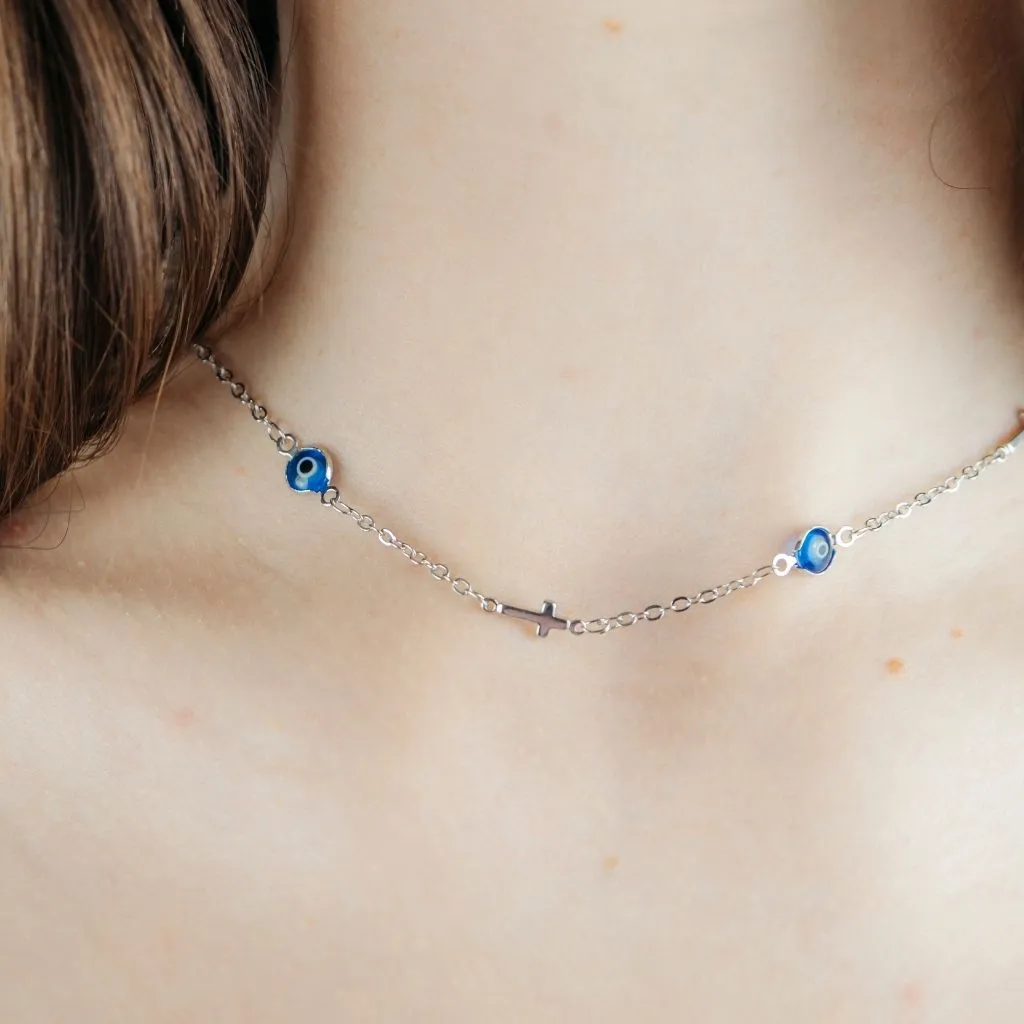 Blue Evil Eye Sideways Cross Necklace Minimalist Choker Dainty Protection Choker