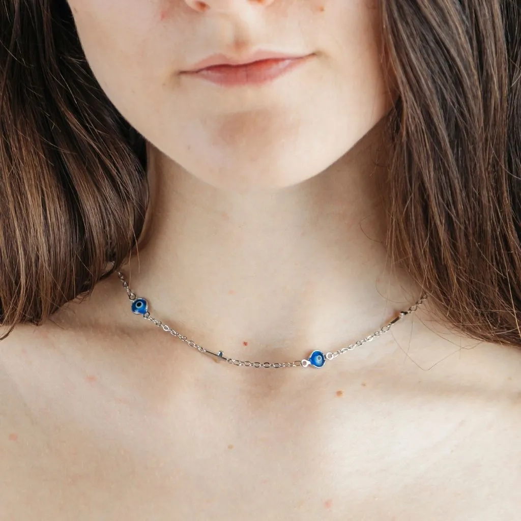Blue Evil Eye Sideways Cross Necklace Minimalist Choker Dainty Protection Choker