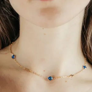 Blue Evil Eye Sideways Cross Necklace Minimalist Choker Dainty Protection Choker