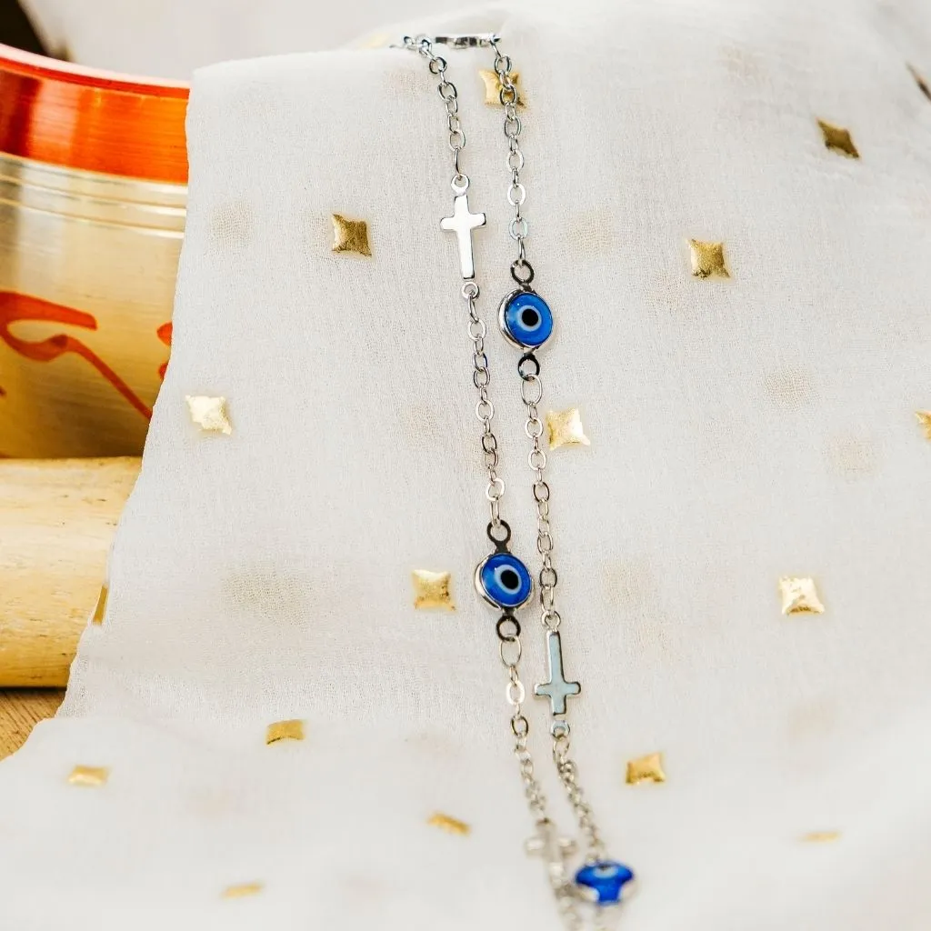 Blue Evil Eye Sideways Cross Necklace Minimalist Choker Dainty Protection Choker