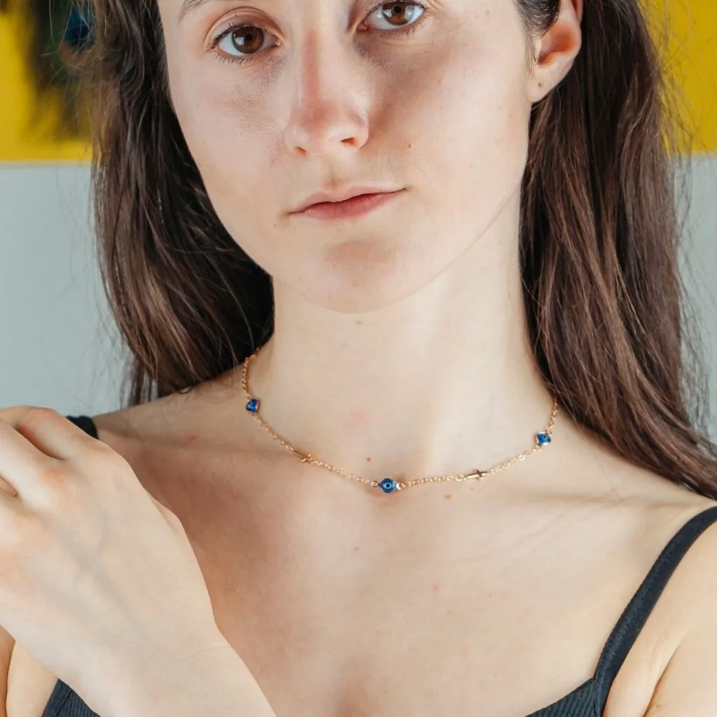 Blue Evil Eye Sideways Cross Necklace Minimalist Choker Dainty Protection Choker