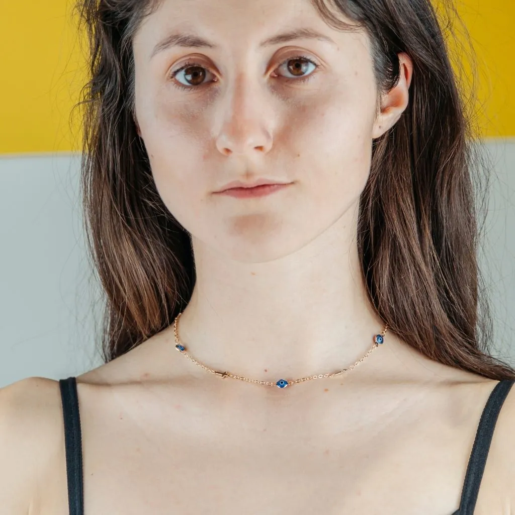Blue Evil Eye Sideways Cross Necklace Minimalist Choker Dainty Protection Choker