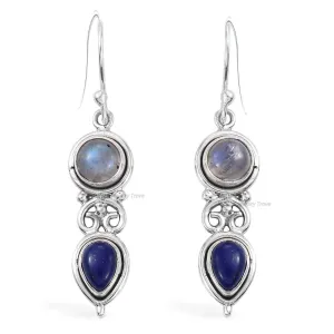 Handmade 925 Sterling Silver Moonstone, Lapis Lazuli Earrings for Women & Girls, Dangle Earrings