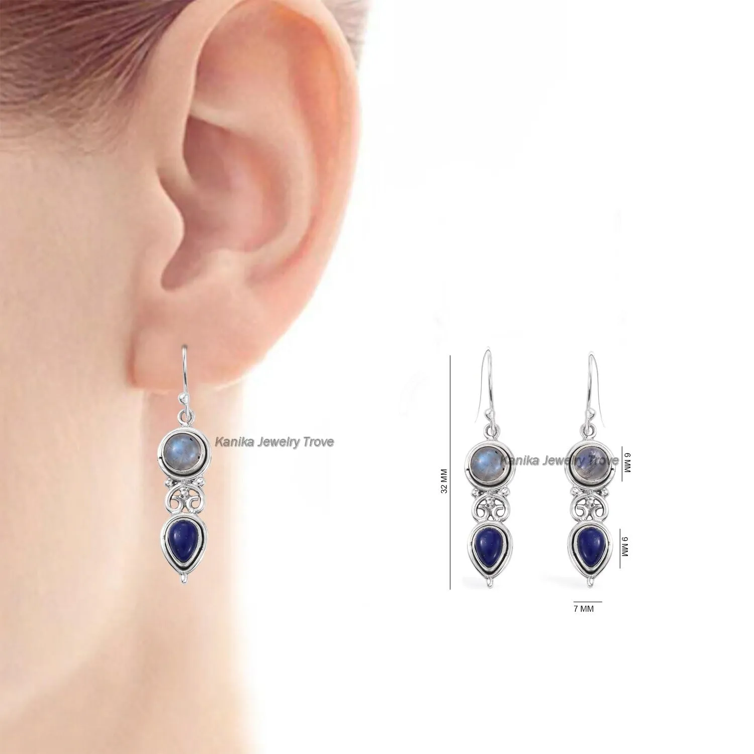 Handmade 925 Sterling Silver Moonstone, Lapis Lazuli Earrings for Women & Girls, Dangle Earrings