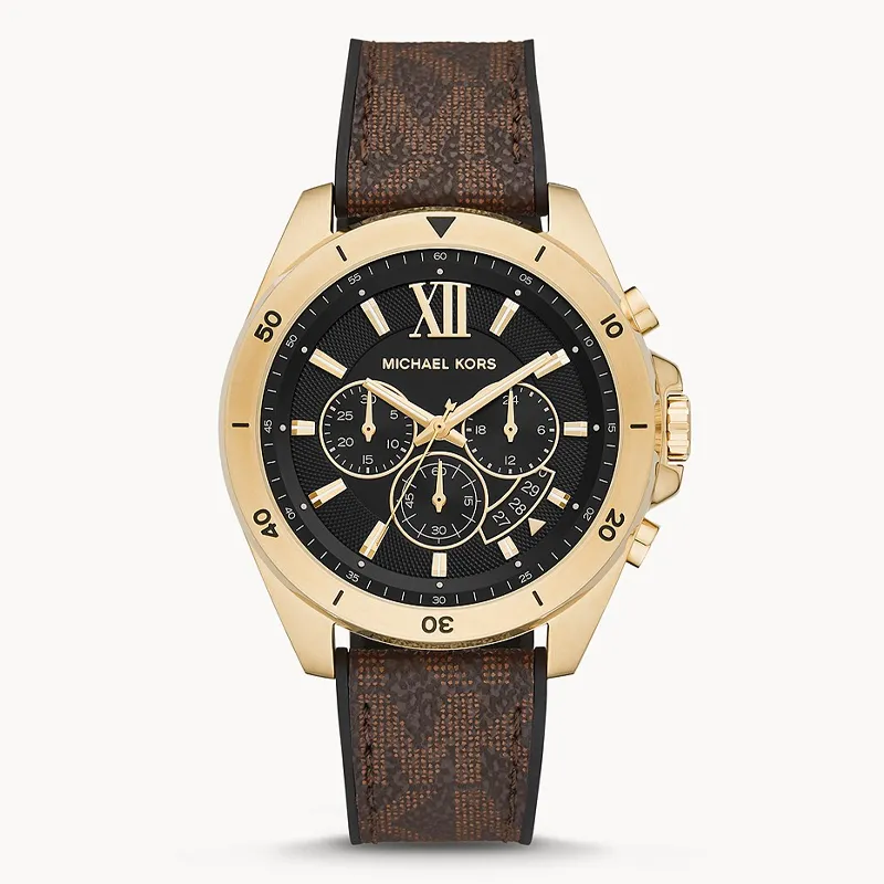Michael Kors Mens Quartz Brown Silicone & Leather Strap Black Dial 45mm Watch MK8849