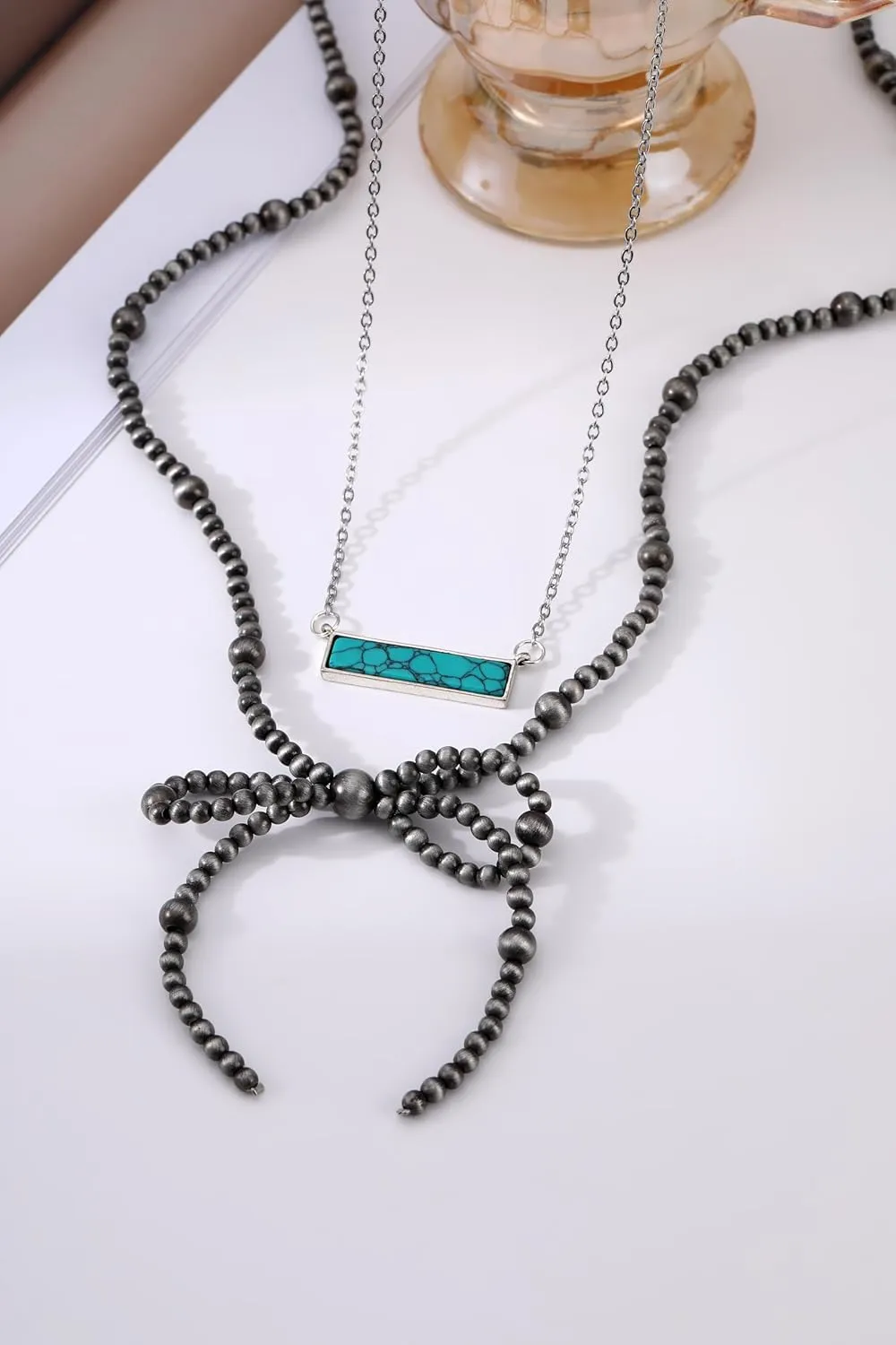 Navajo Pearl Necklace Western Jewelry for Women Turquoise Heart Bar Pendant Necklace Layered Boho Beaded Choker Necklace for Women