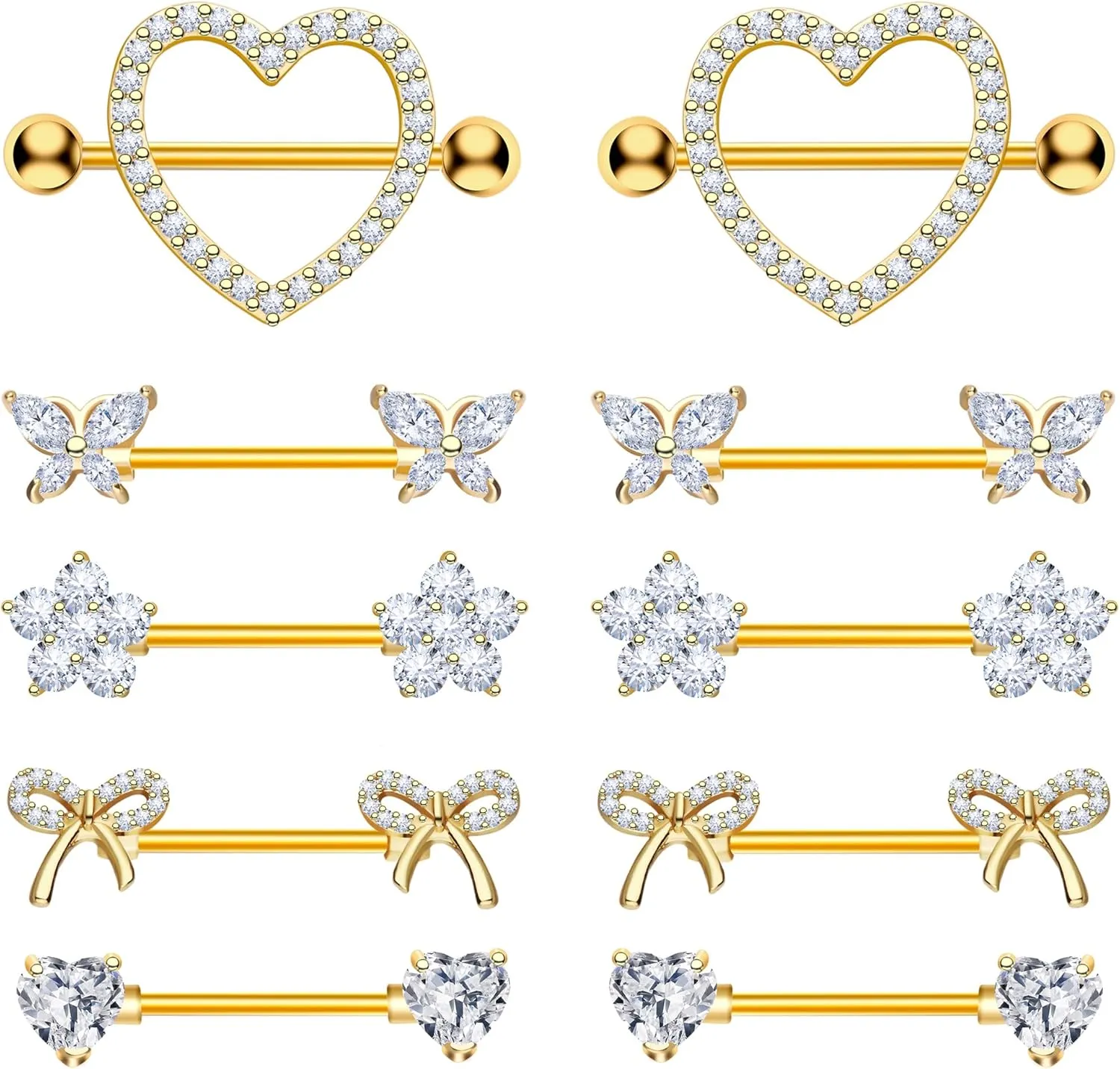 Nipple Rings - Surgical Stainless Steel Gold Silver Pink Blue Purple CZ Heart Butterfly Flower Bow Jewelry - 14 Gauge Nipple Bars and Barbells