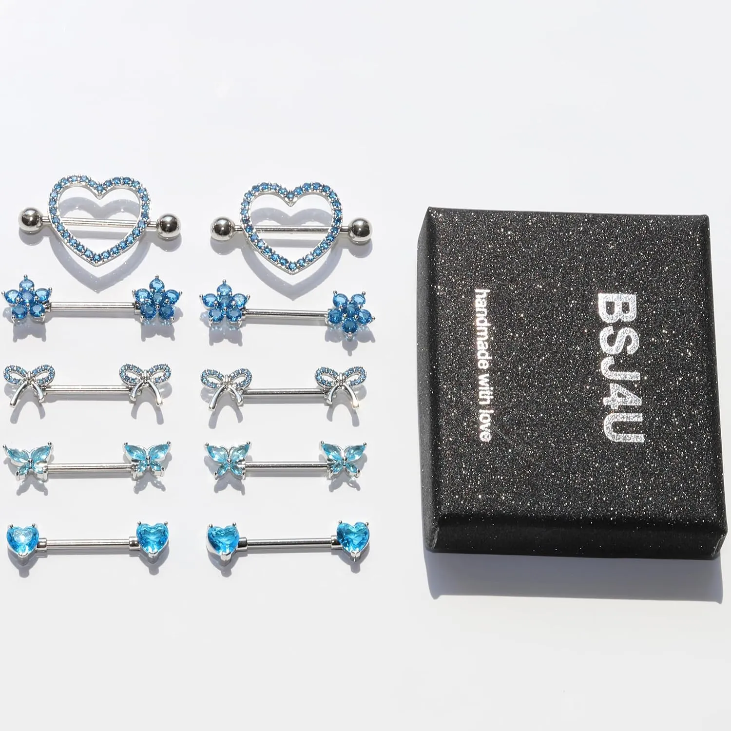 Nipple Rings - Surgical Stainless Steel Gold Silver Pink Blue Purple CZ Heart Butterfly Flower Bow Jewelry - 14 Gauge Nipple Bars and Barbells