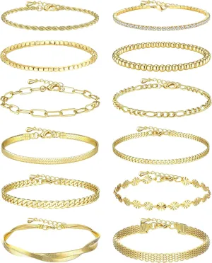 ORAZIO 14K Gold Plated Bracelets for Women 12Pcs Gold Bracelets for Women Adjustable Layered Gold Bracelet Set Dainty Gold Beaded Bracelet Trendy Paperclip Link Chain Stackable Bracelet Womens Gold Bracelet Jewelry Set
