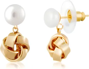 Pearl Earrings for Women - 14K Gold Plated Geometric Knot Design, Hypoallergenic Gold Earrings for Women, Elegant Dangle Earrings(0.78in x 0.39in)