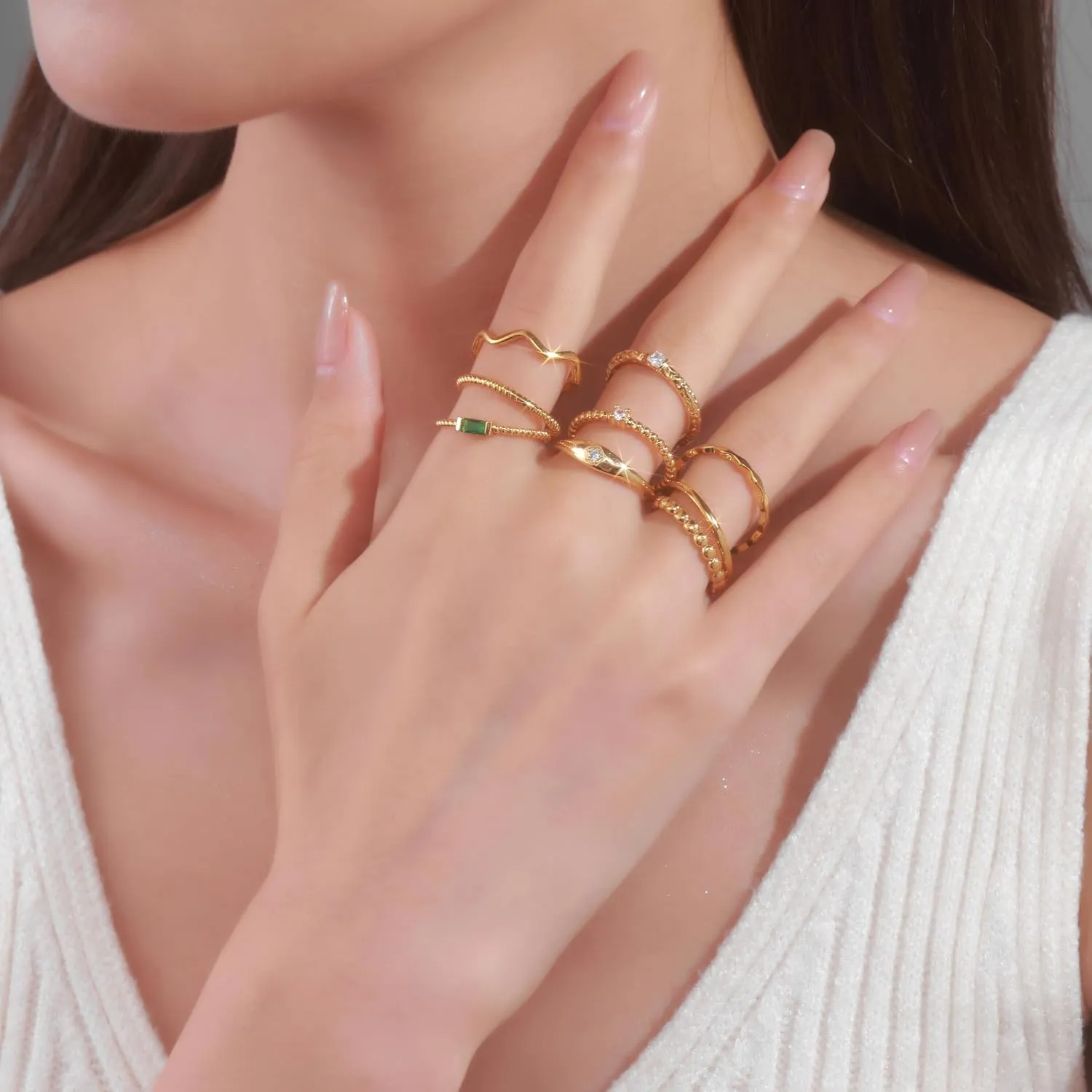 PLOMFOV 14K Gold Rings for Women Stackable Knuckle Rings Band Eternity Dainty Thin Fashion Gold Silver Rings Simple Trendy Thumb Stacking Women's Ring Pack Size 4-12