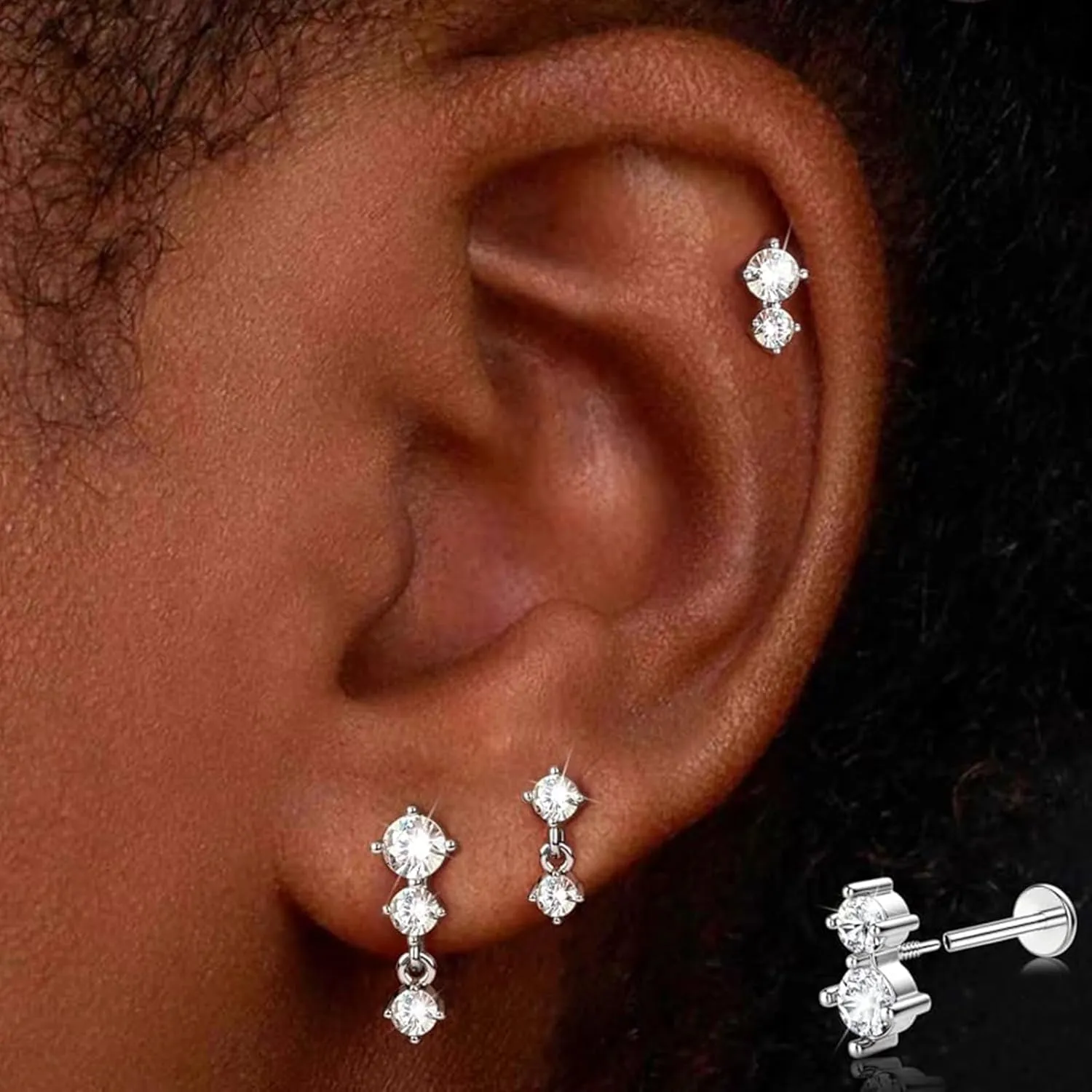 QWALIT 20g 18g 16g Tragus Piercing Jewelry Cartilage Tragus Earrings for Women Flat Back Nose Stud Internally Threaded Earrings Forward Helix Piercing Jewelry Threadless Taper Insertion Changing Tool