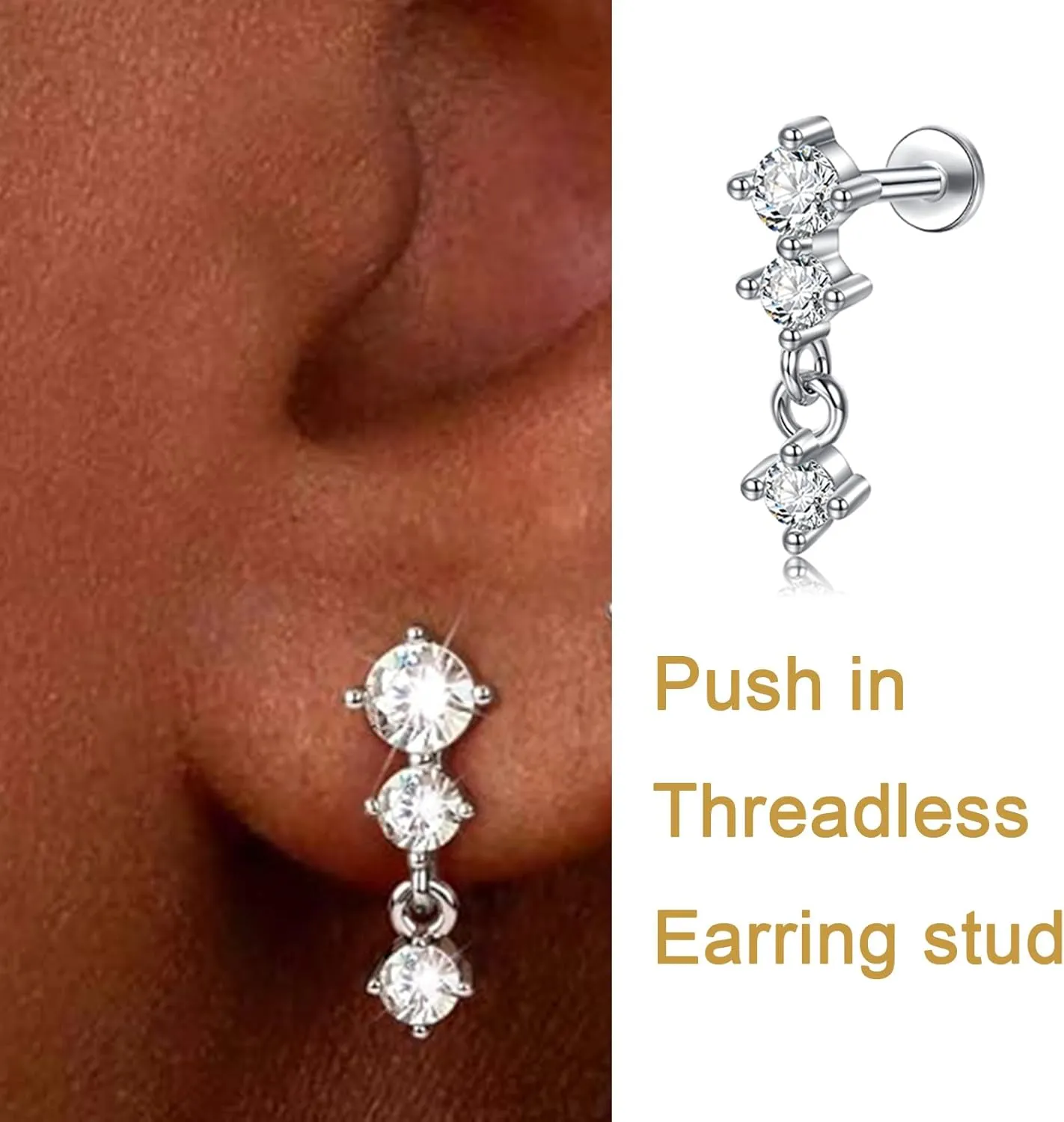 QWALIT 20g 18g 16g Tragus Piercing Jewelry Cartilage Tragus Earrings for Women Flat Back Nose Stud Internally Threaded Earrings Forward Helix Piercing Jewelry Threadless Taper Insertion Changing Tool