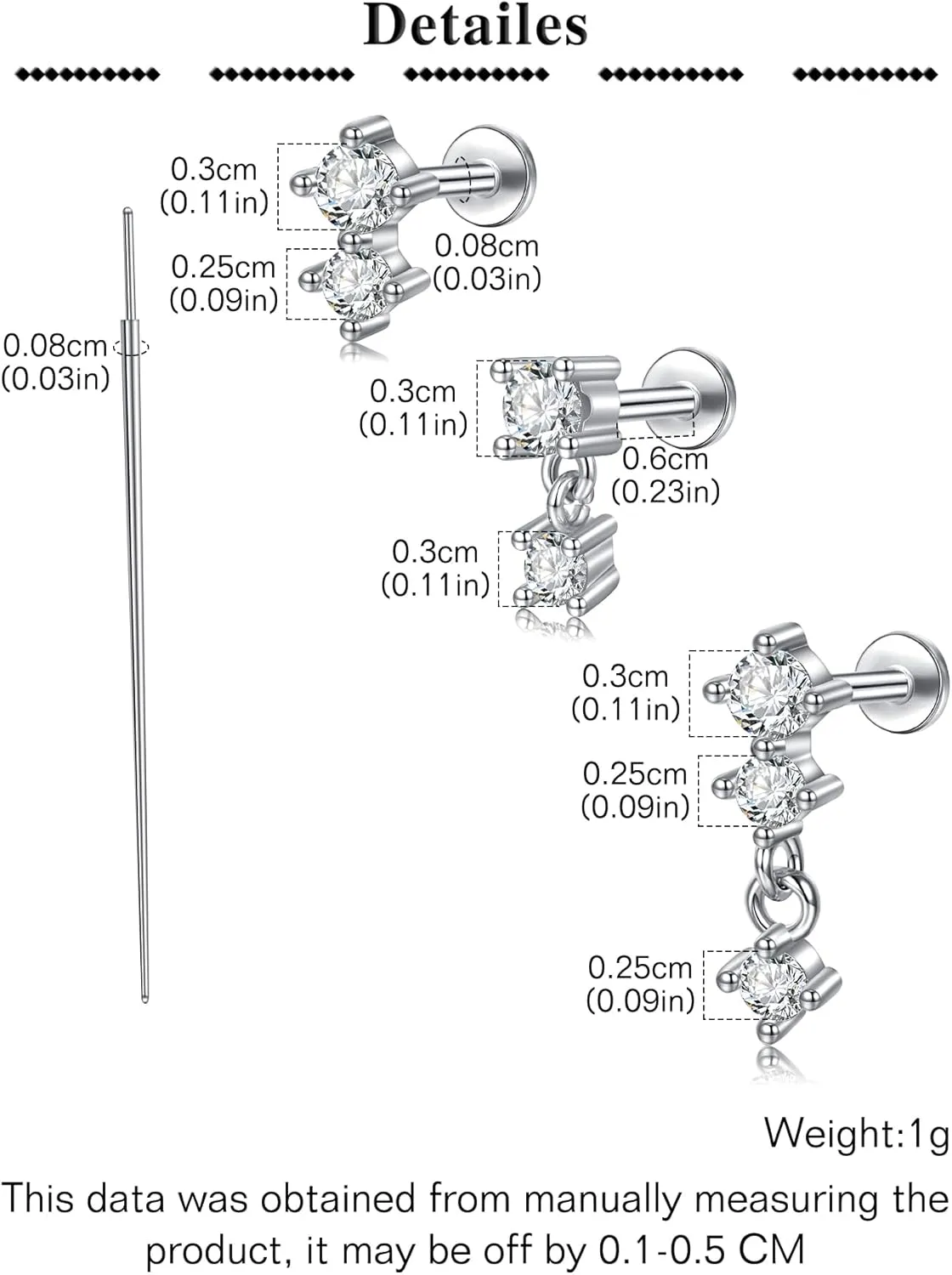 QWALIT 20g 18g 16g Tragus Piercing Jewelry Cartilage Tragus Earrings for Women Flat Back Nose Stud Internally Threaded Earrings Forward Helix Piercing Jewelry Threadless Taper Insertion Changing Tool