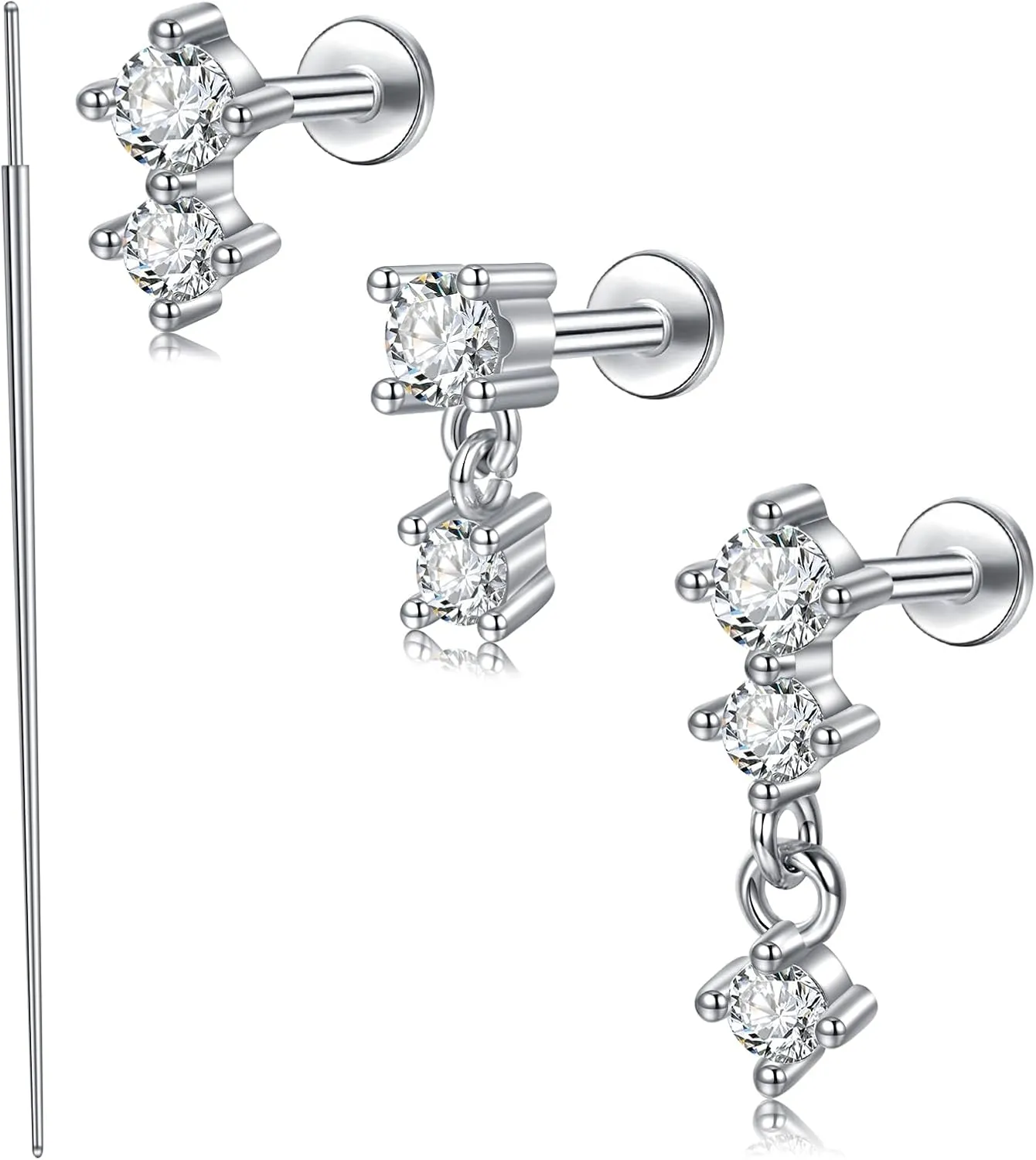 QWALIT 20g 18g 16g Tragus Piercing Jewelry Cartilage Tragus Earrings for Women Flat Back Nose Stud Internally Threaded Earrings Forward Helix Piercing Jewelry Threadless Taper Insertion Changing Tool