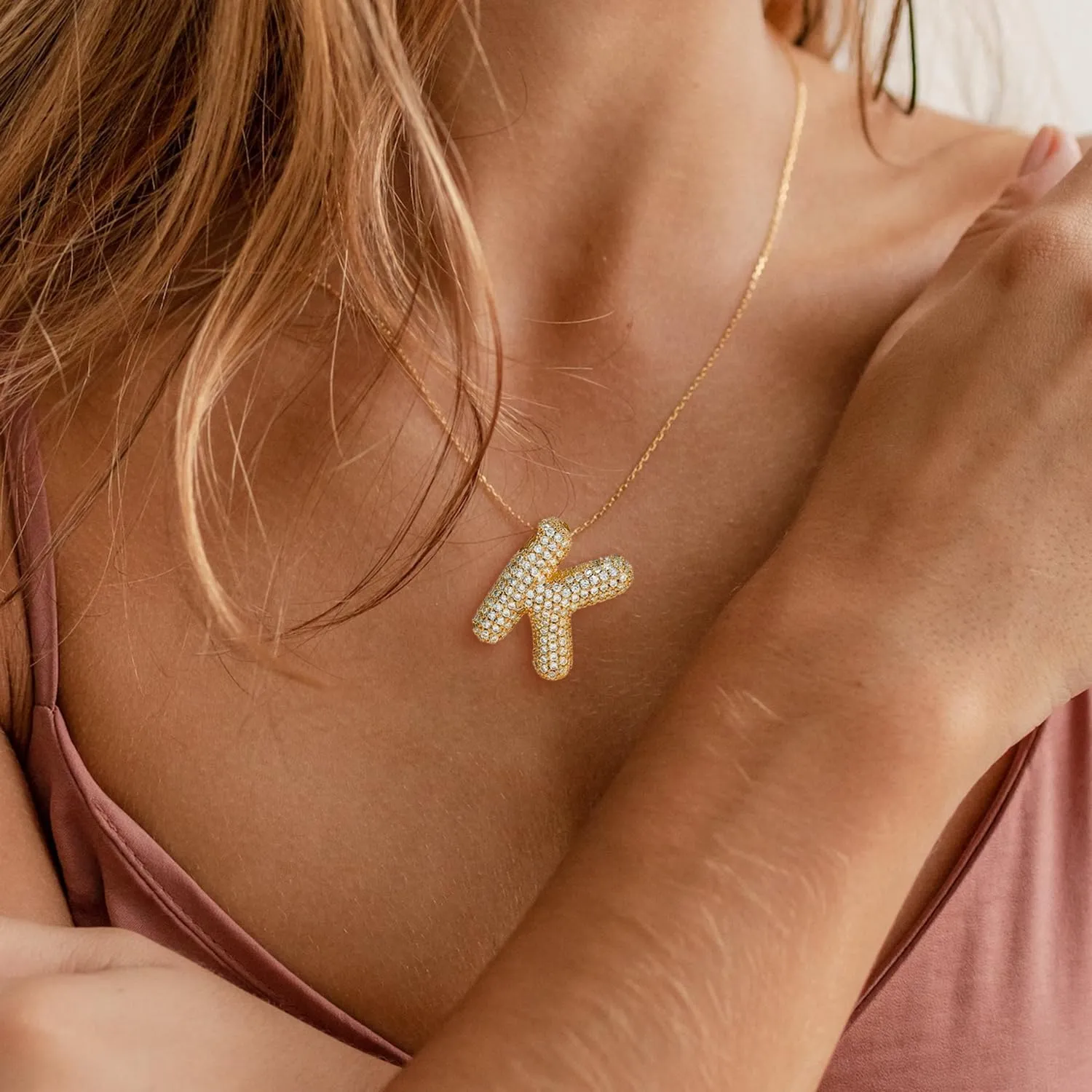 Shiny Cubic Zirconia Bubble Alphabet 26 A-Z,Puffy Name,Letter Necklace,Personalized Monogram Necklace,Balloon Initial Necklace Gifts for Women 18K Gold Plated Jewelry.