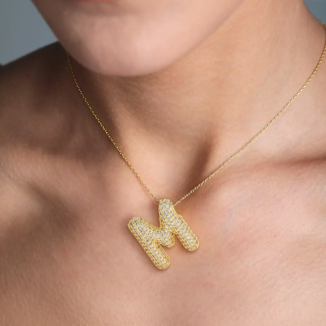 Shiny Cubic Zirconia Bubble Alphabet 26 A-Z,Puffy Name,Letter Necklace,Personalized Monogram Necklace,Balloon Initial Necklace Gifts for Women 18K Gold Plated Jewelry.