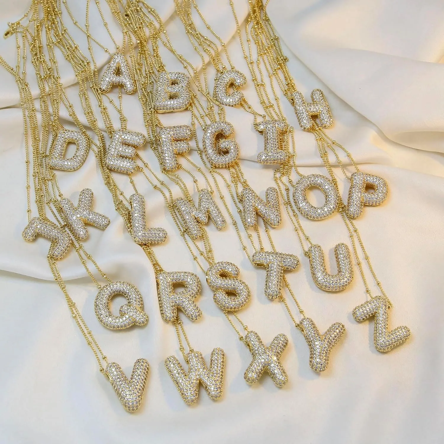 Shiny Cubic Zirconia Bubble Alphabet 26 A-Z,Puffy Name,Letter Necklace,Personalized Monogram Necklace,Balloon Initial Necklace Gifts for Women 18K Gold Plated Jewelry.