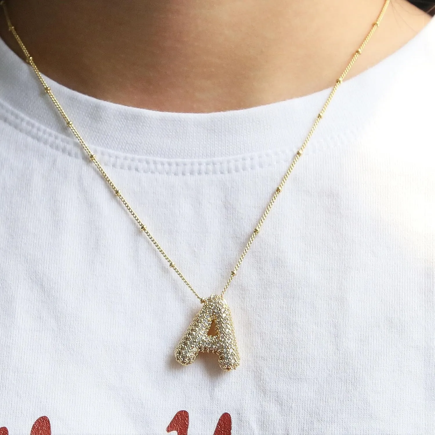 Shiny Cubic Zirconia Bubble Alphabet 26 A-Z,Puffy Name,Letter Necklace,Personalized Monogram Necklace,Balloon Initial Necklace Gifts for Women 18K Gold Plated Jewelry.
